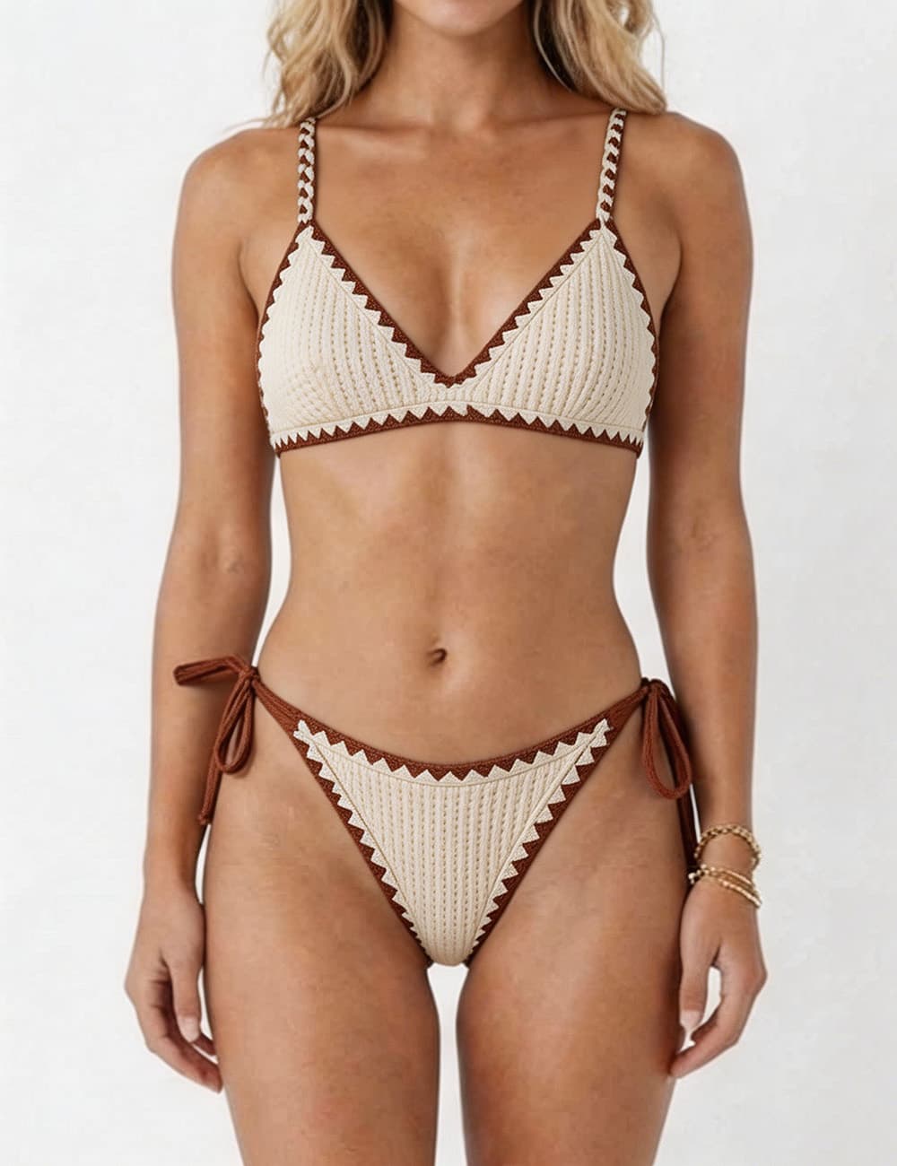 Ladies Contrast Trim V-Neck Textured Triangle Bikini Set