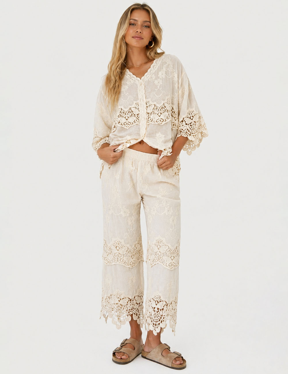 Ladies Crochet Scalloped Lace Embroidery Top & Pants Matching Set