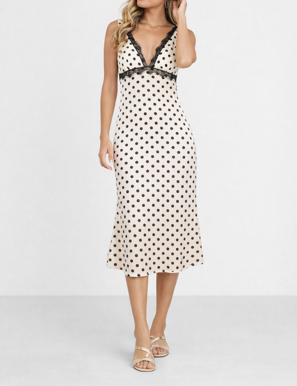 Ladies Chic Polka Dot Lace Trim V-Neck Sleeveless Midi Dress