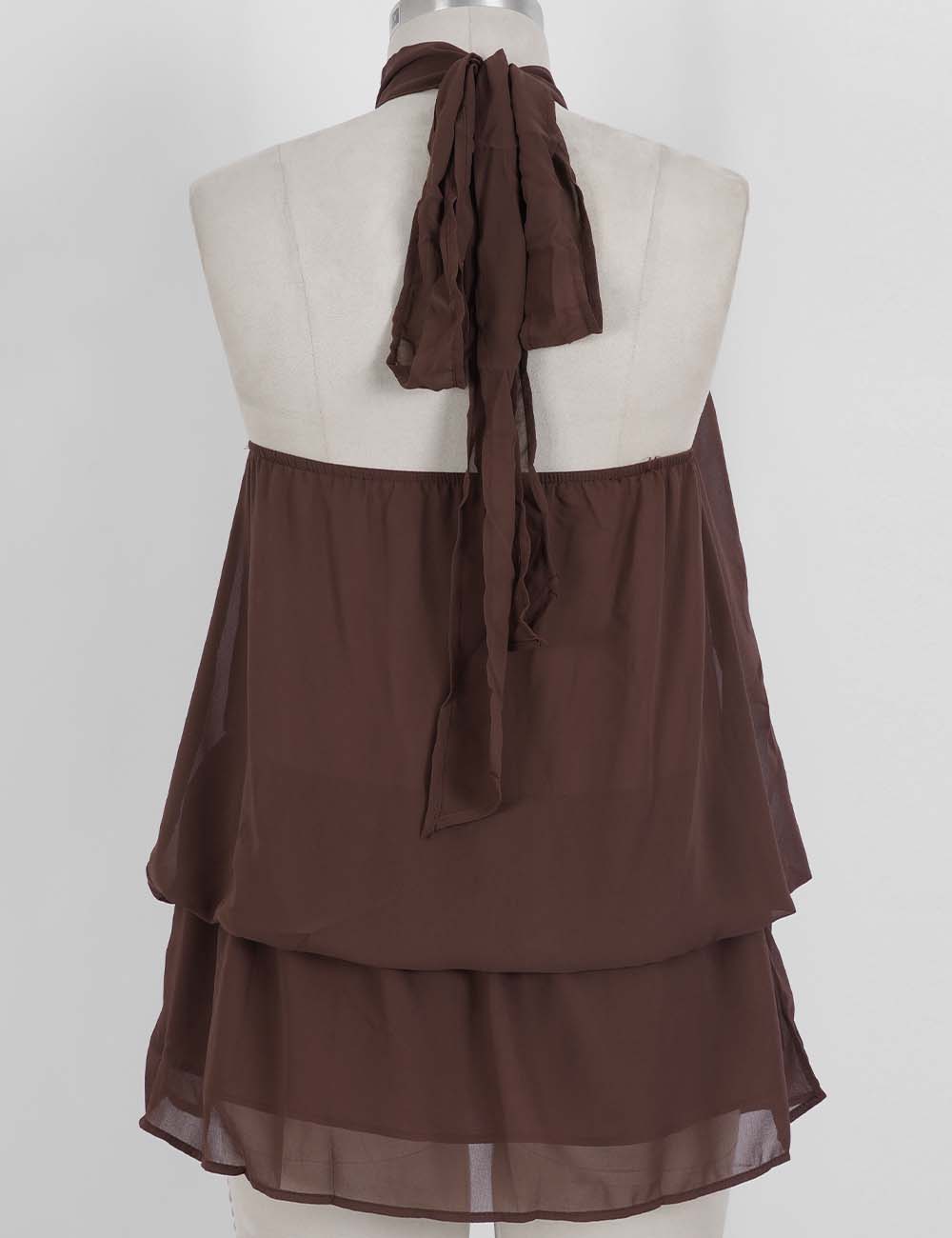 Ladies Chiffon Stand Neck Solid Color Ruffle Hem Sleeveless Top