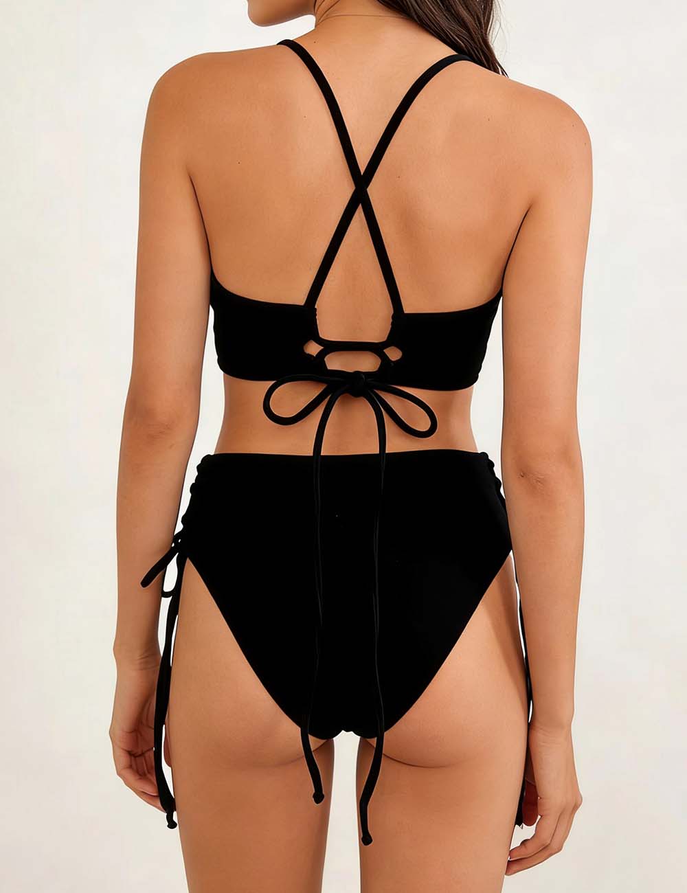 Ladies Solid Color Shoulder String Tie Bikini Set 8BK3WST317