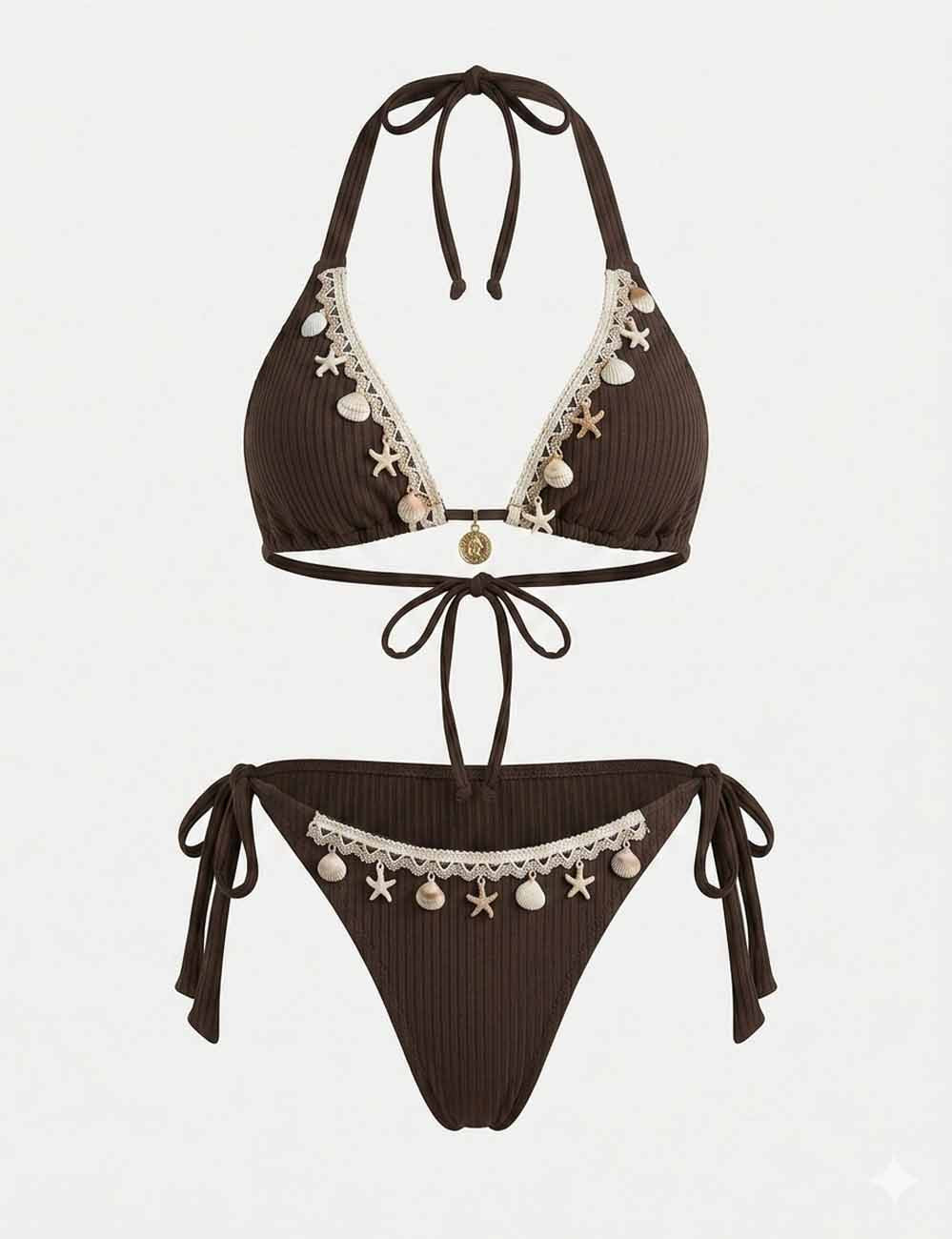 Ladies Shell Charm Halter Neck Ribbed Triangle 2 Piece Bikini Set
