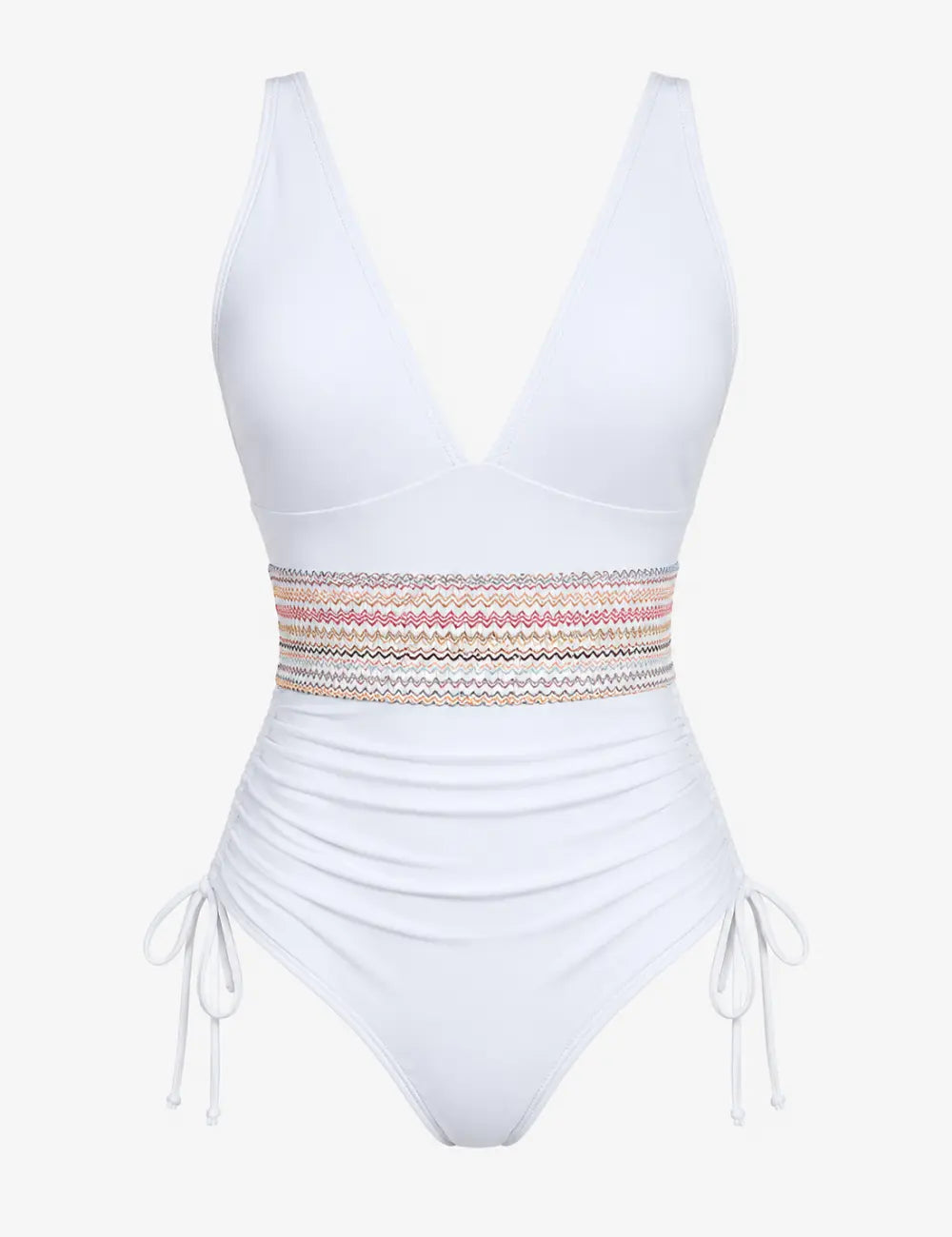 Ladies Deep V-Neck Adjustable Side Drawstring One Piece Swimsuit