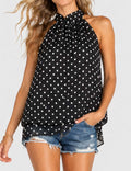 Ladies Chiffon Polka Dot Stand Neck Sleeveless Ruffle Hem Top