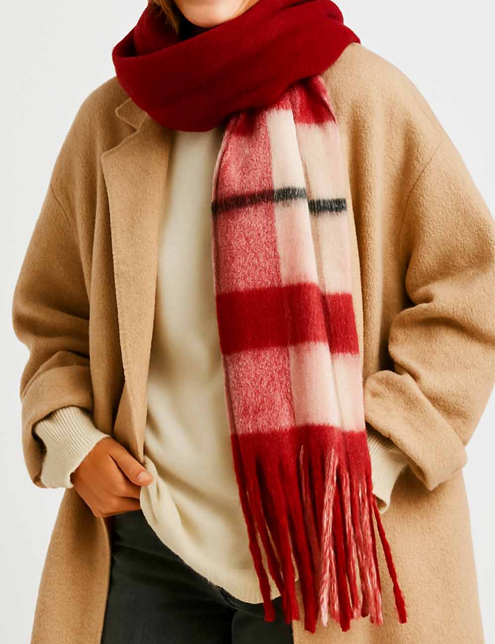 Ladies Winter Bouclé Yarn Checked Fringe Shawl Knit Scarf