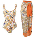 2 Piece Dragonfly Print One Piece Swimwear with Cover Up
