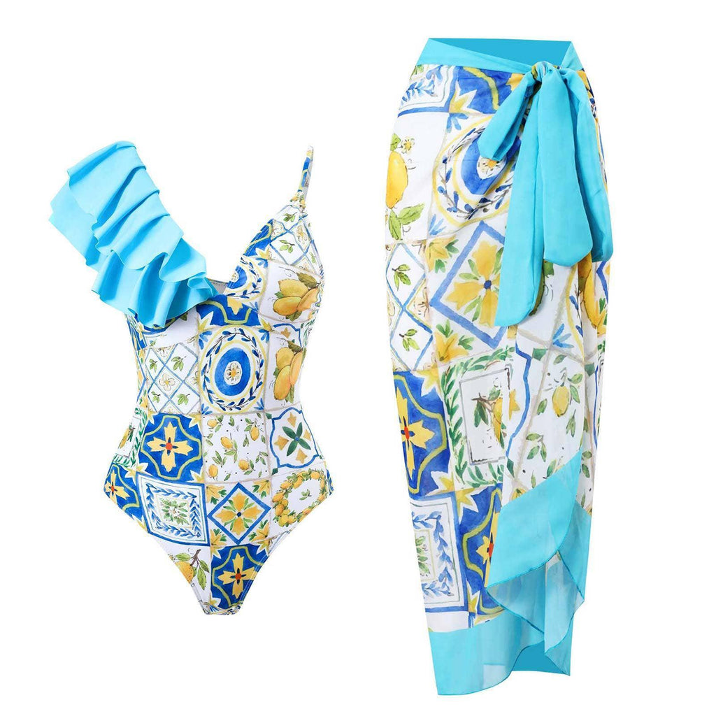 2 Piece Mix Pattern Print One Piece Swimwear with Cover Up