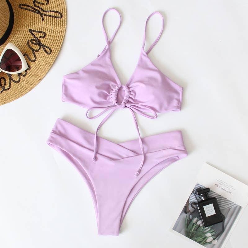 2 Piece Solid Color with Ring Bikini Swimsuit