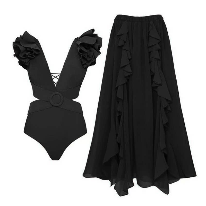 2 Shoulder Solid Color One Piece Swimwear with Cover Up