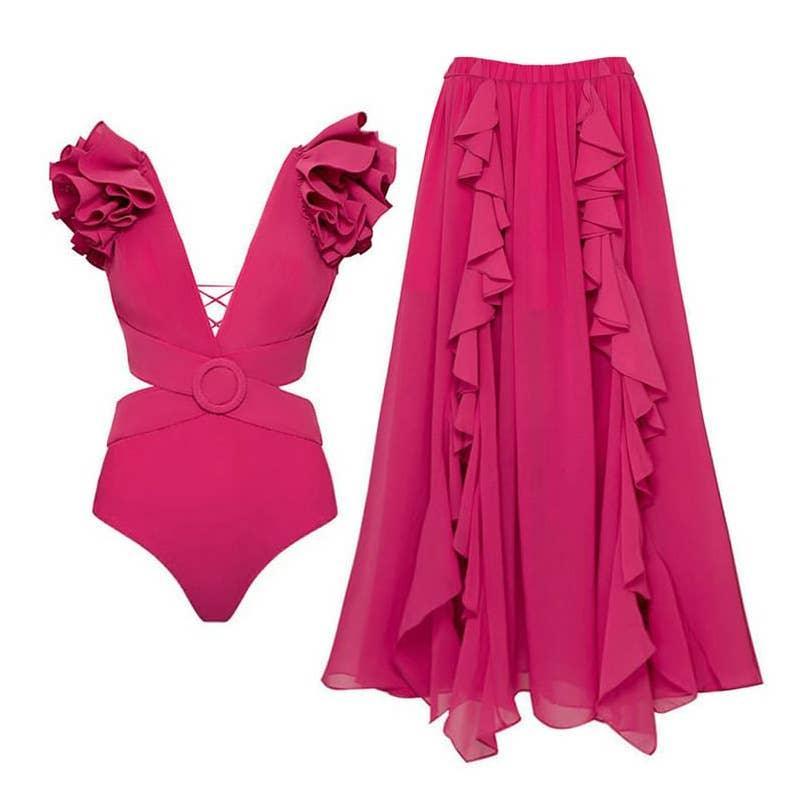 2 Shoulder Solid Color One Piece Swimwear with Cover Up