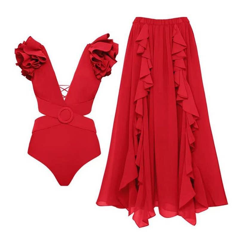 2 Shoulder Solid Color One Piece Swimwear with Cover Up