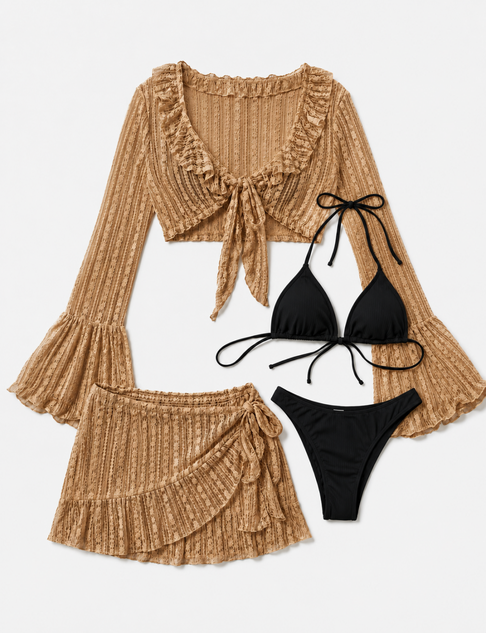 Ladies Solid Color Triangle Bikini 4PCS Set with Cover-Up & Mini Skirt