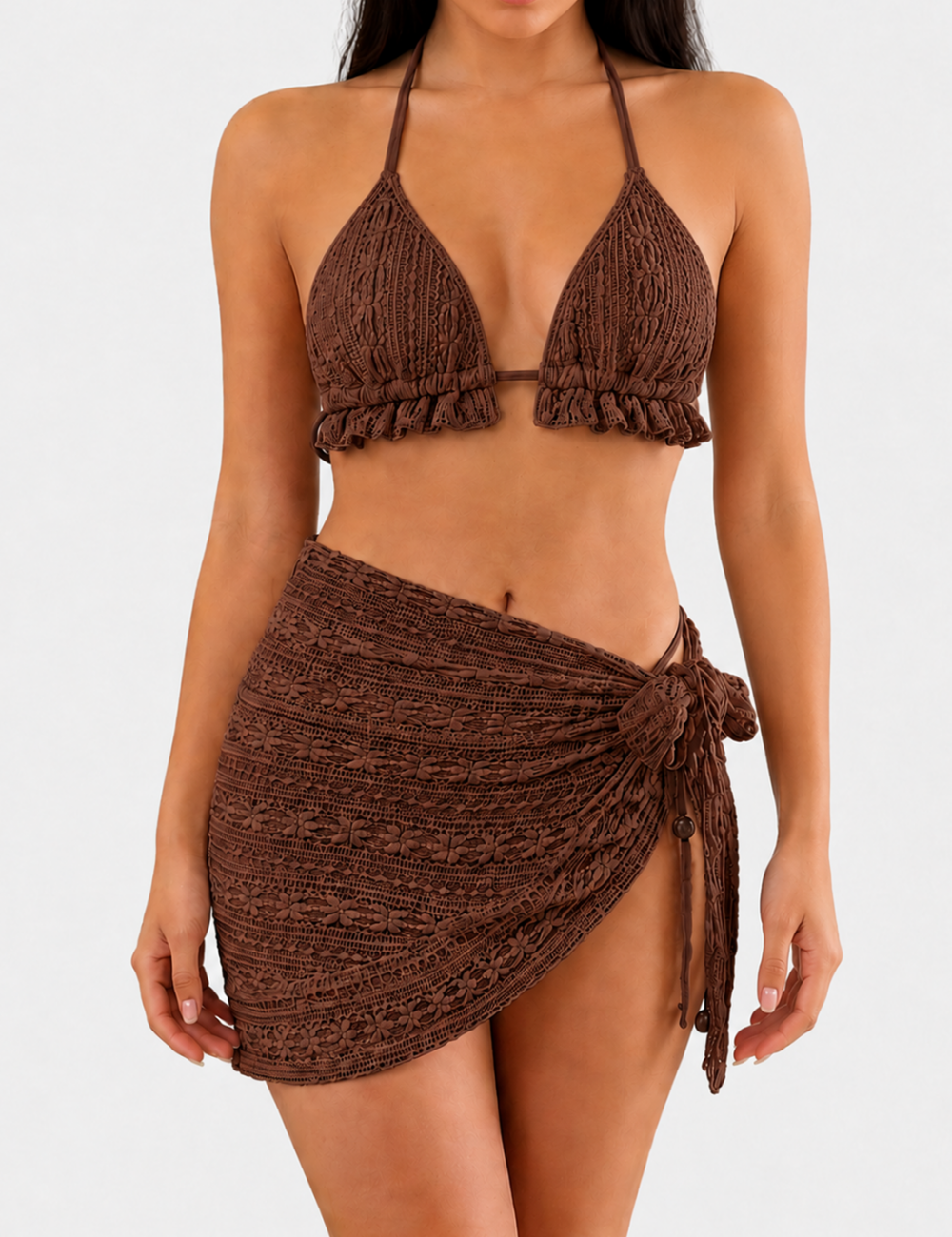 Ladies Solid Color Crochet Triangle Bikini Set with Cover-Up Skirt
