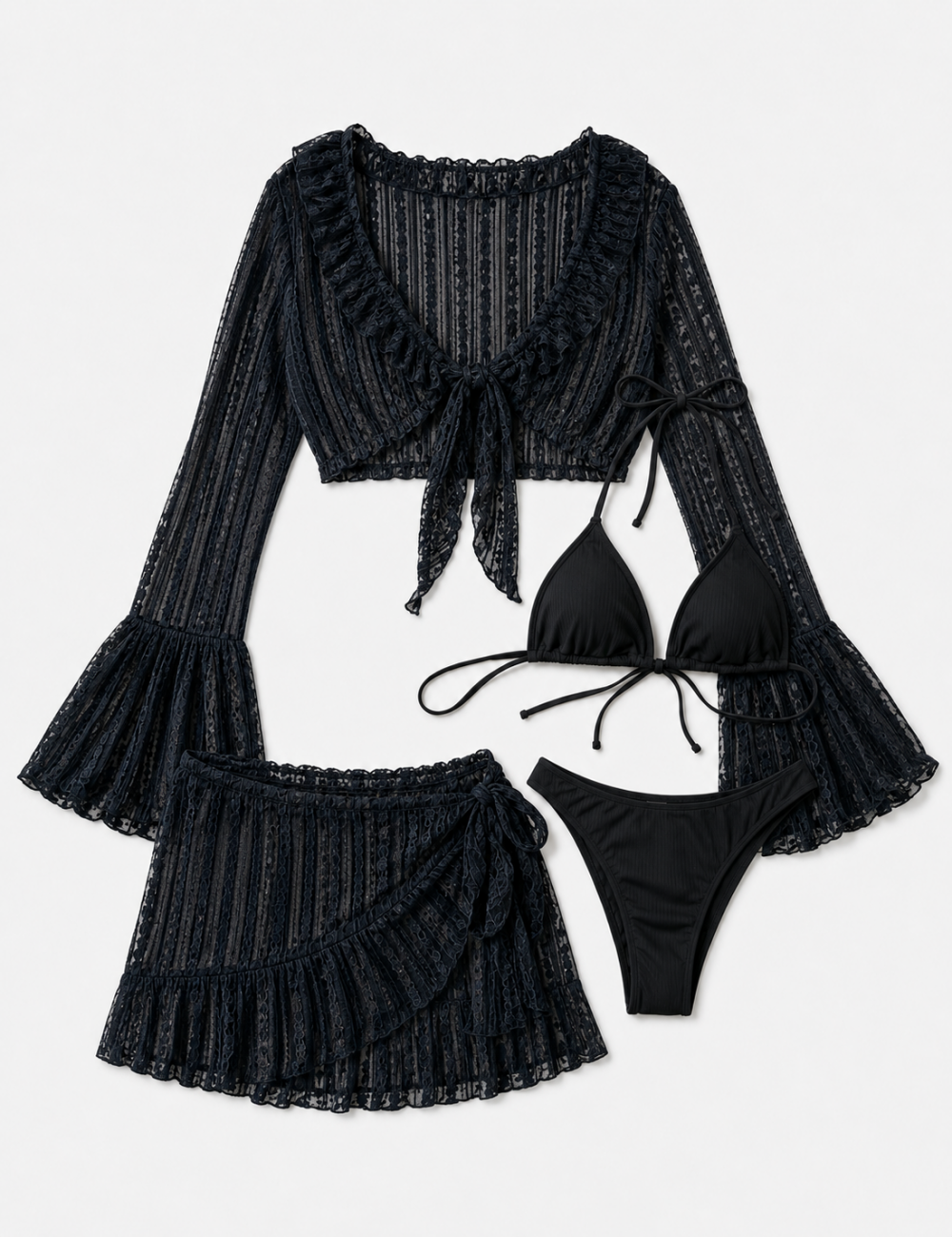 Ladies Solid Color Triangle Bikini 4PCS Set with Cover-Up & Mini Skirt