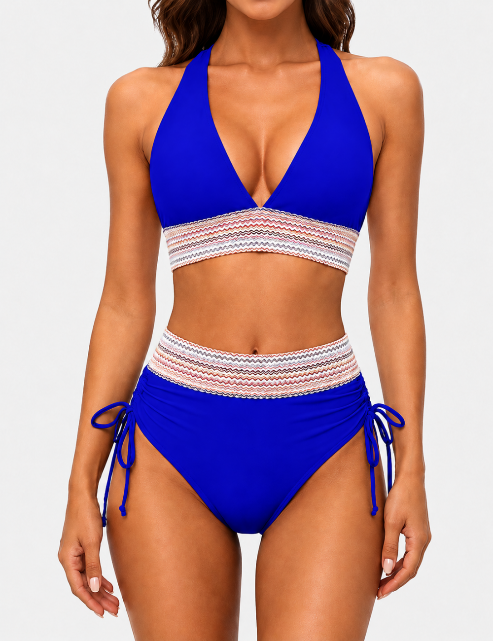 Ladies Deep V-Neck Colorful Zigzag Smocked Trim Bikini Set