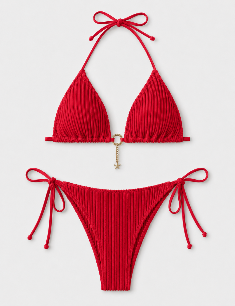 Ladies Vertical Texture Halter Neck Triangle Bikini Set