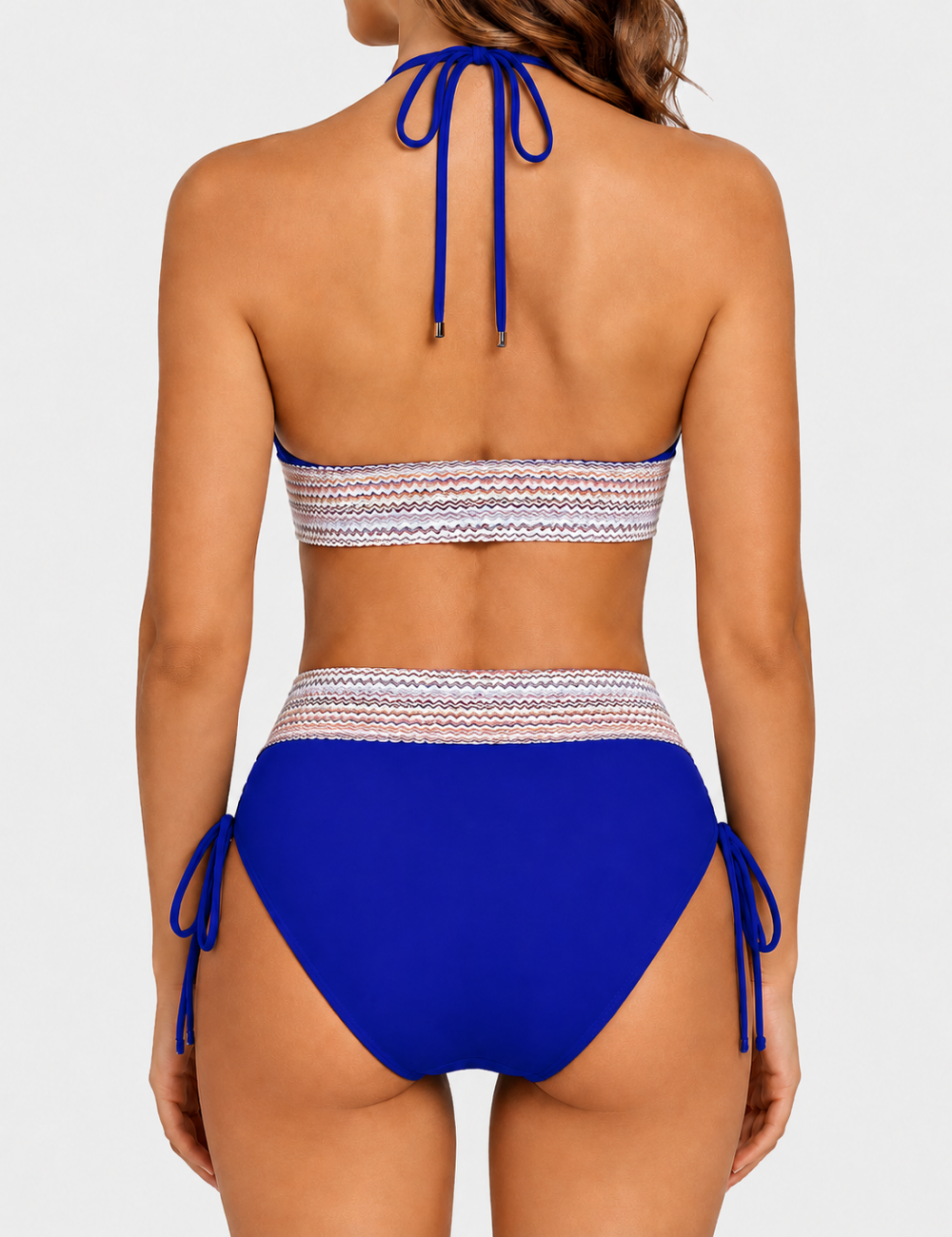 Ladies Deep V-Neck Colorful Zigzag Smocked Trim Bikini Set