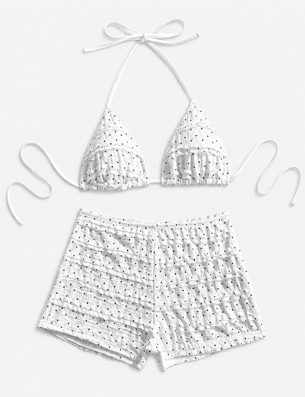 Ladies Polka Dots Print Ruffled Smocked Triangle Halter Bikini Set