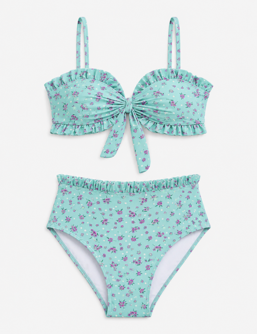 Ladies Floral Print Lace Trim Front Bow Design Bikini Set