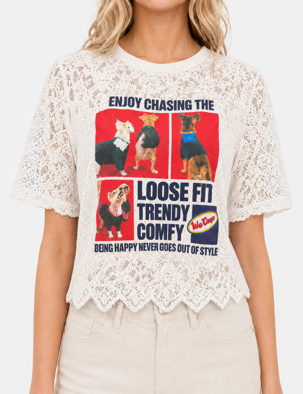 Ladies Dog Graphic Print Round Neck Lace Crop Top