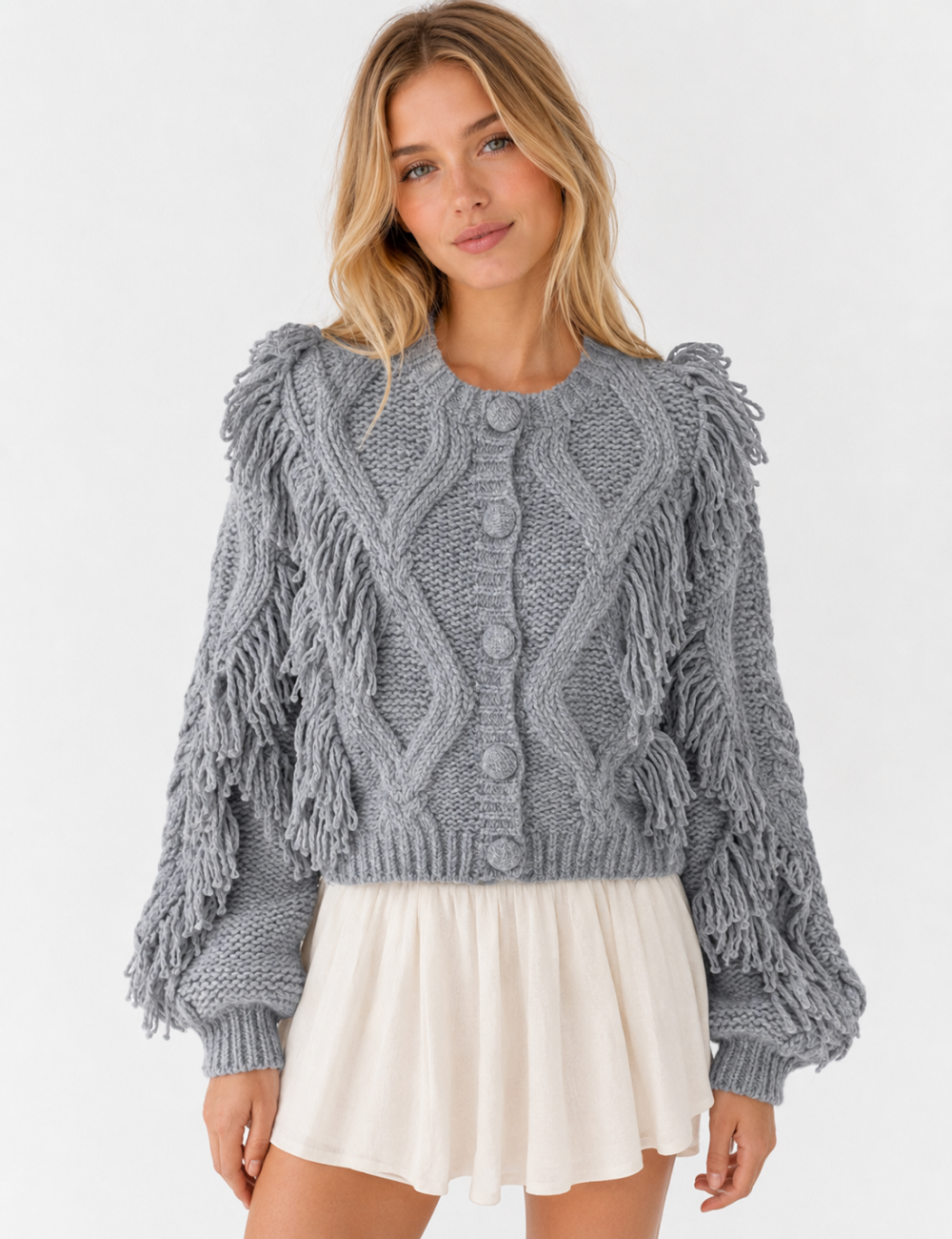 Ladies Cable Knit Tassel Round Neck Button Front Cardigan