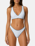 Ladies Striped Contrast Trim V-Neck Bralette 2 Piece Bikini Set
