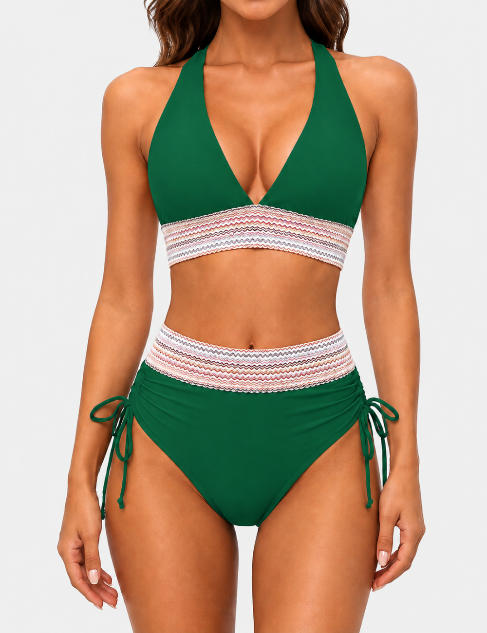 Ladies Deep V-Neck Colorful Zigzag Smocked Trim Bikini Set