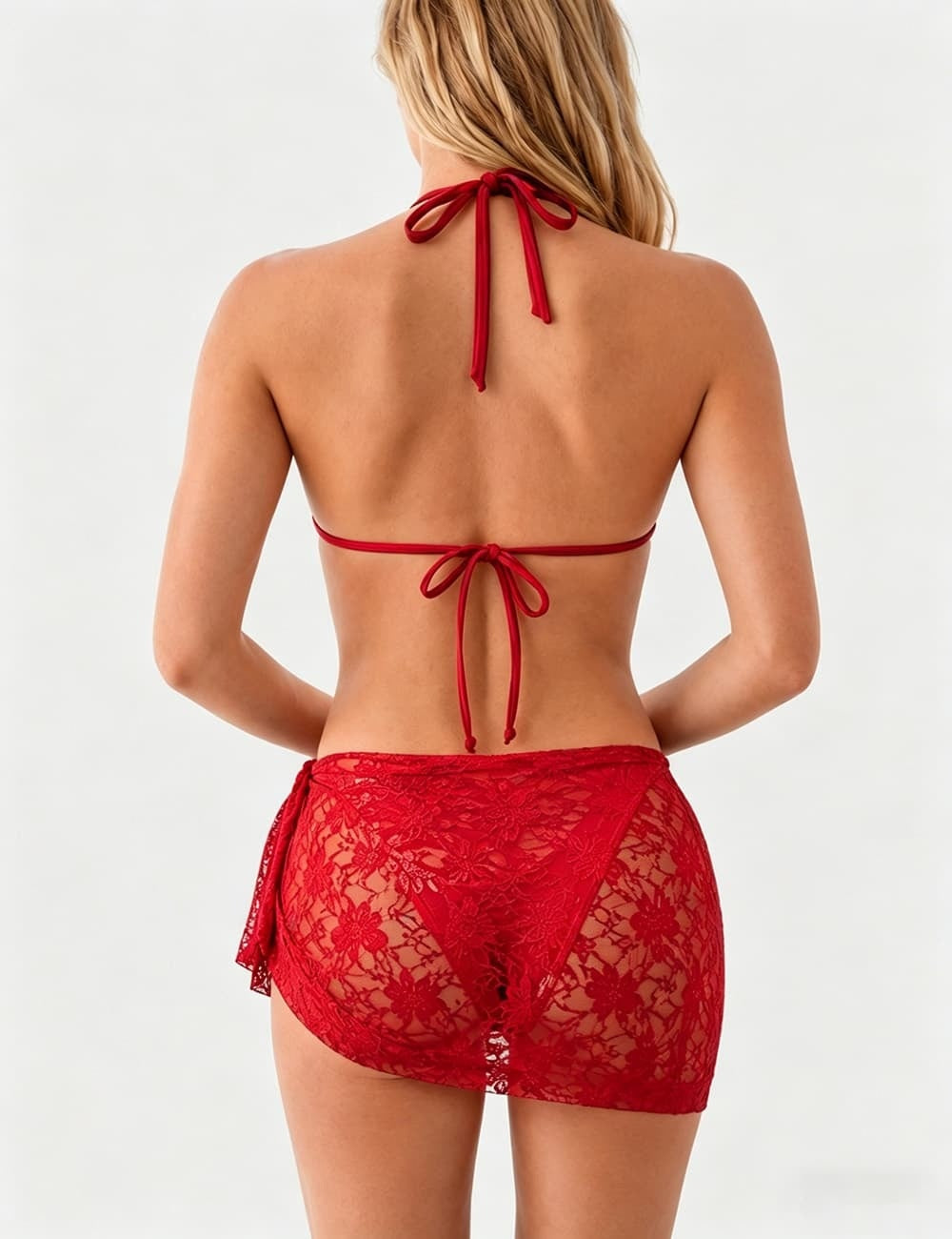 Ladies Floral Lace Mesh Triangle Bikini Set with Sarong Set