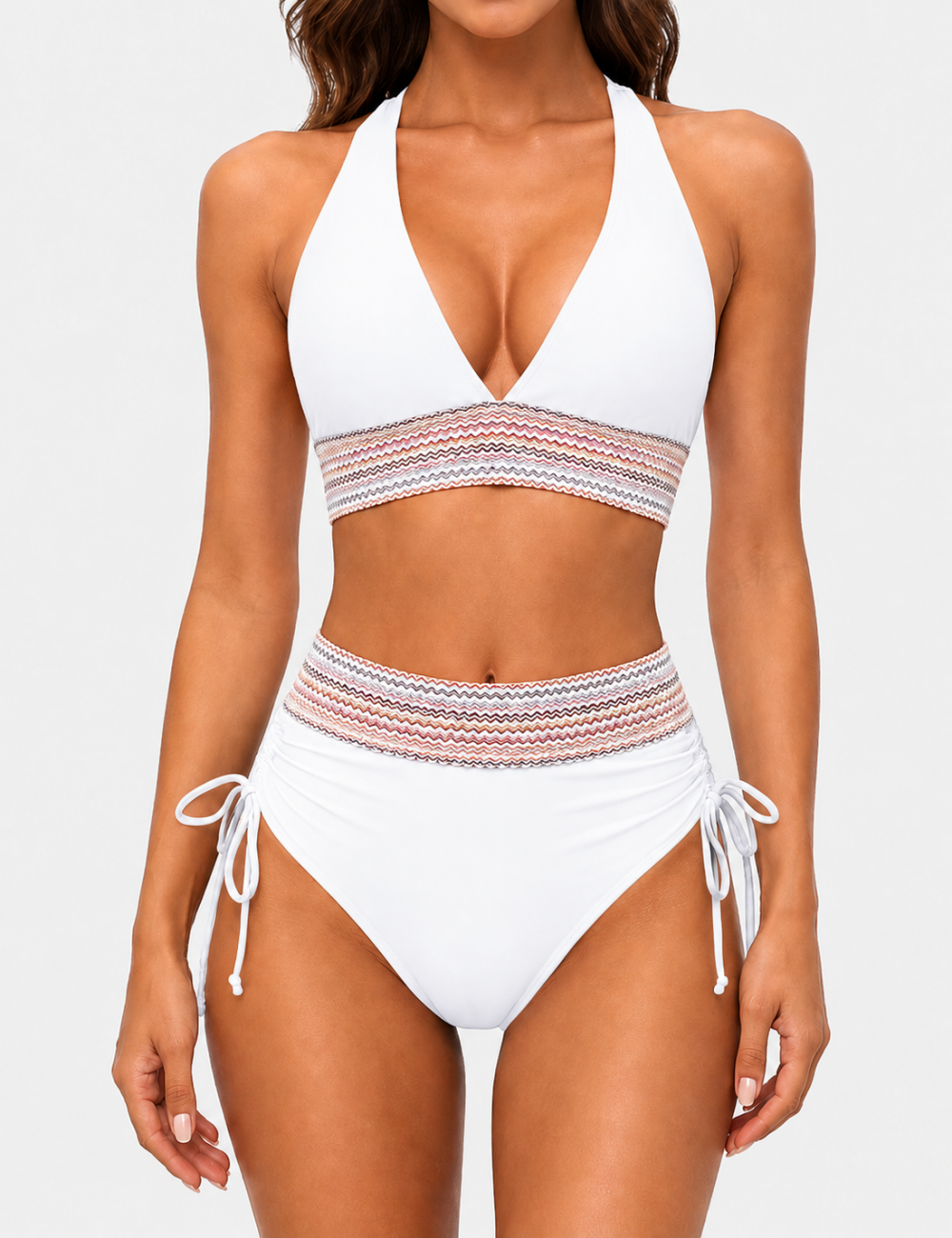 Ladies Deep V-Neck Colorful Zigzag Smocked Trim Bikini Set