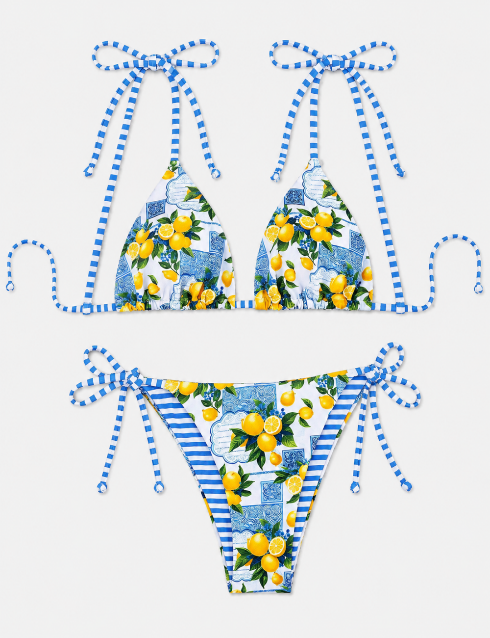Ladies Lemon Print Striped Straps Triangle Bikini Set