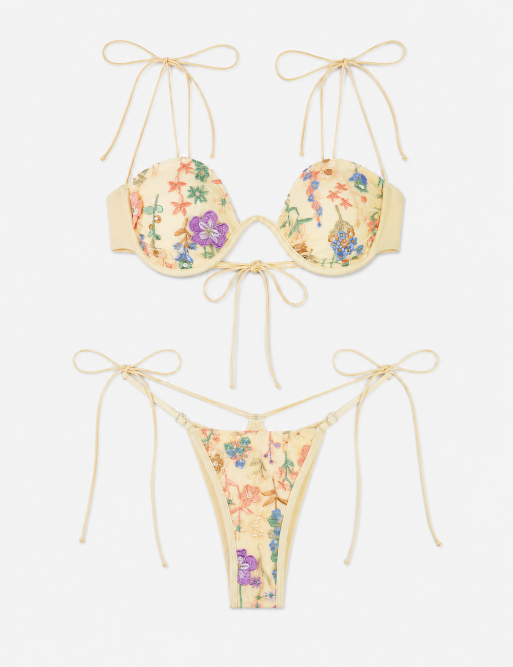 Ladies Floral Embroidered Sheer Mesh Base Bikini Set