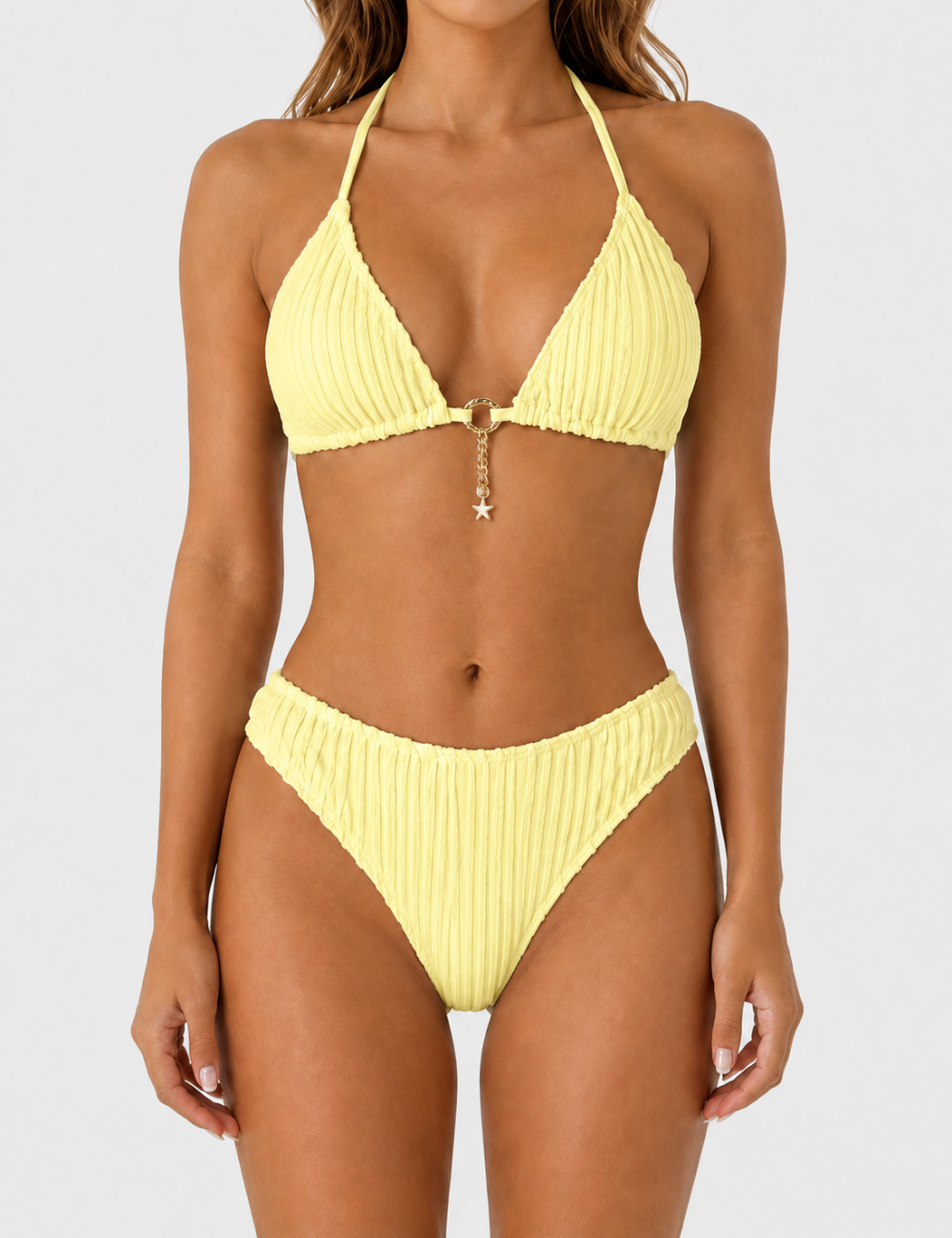 Ladies Vertical Texture Halter Neck Triangle Bikini Set