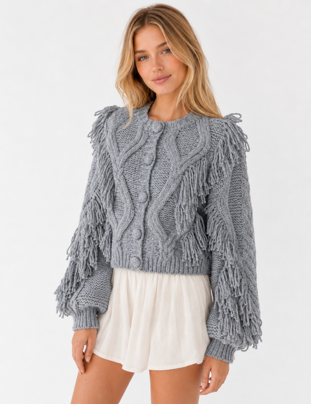 Ladies Cable Knit Tassel Round Neck Button Front Cardigan