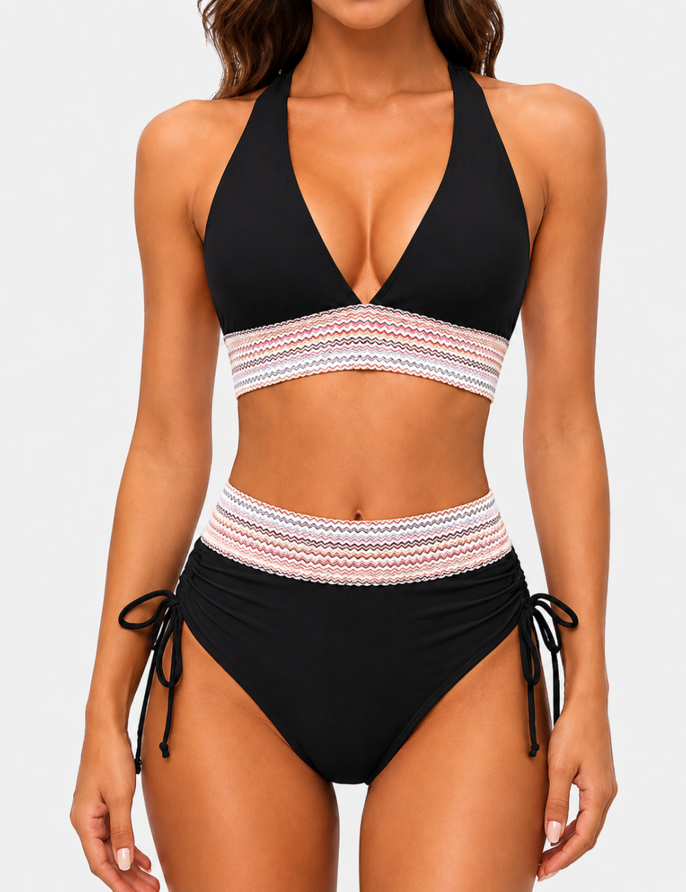 Ladies Deep V-Neck Colorful Zigzag Smocked Trim Bikini Set