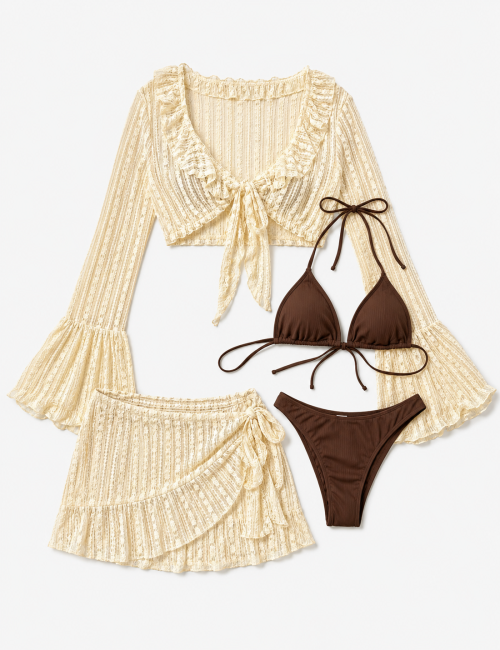 Ladies Solid Color Triangle Bikini 4PCS Set with Cover-Up & Mini Skirt