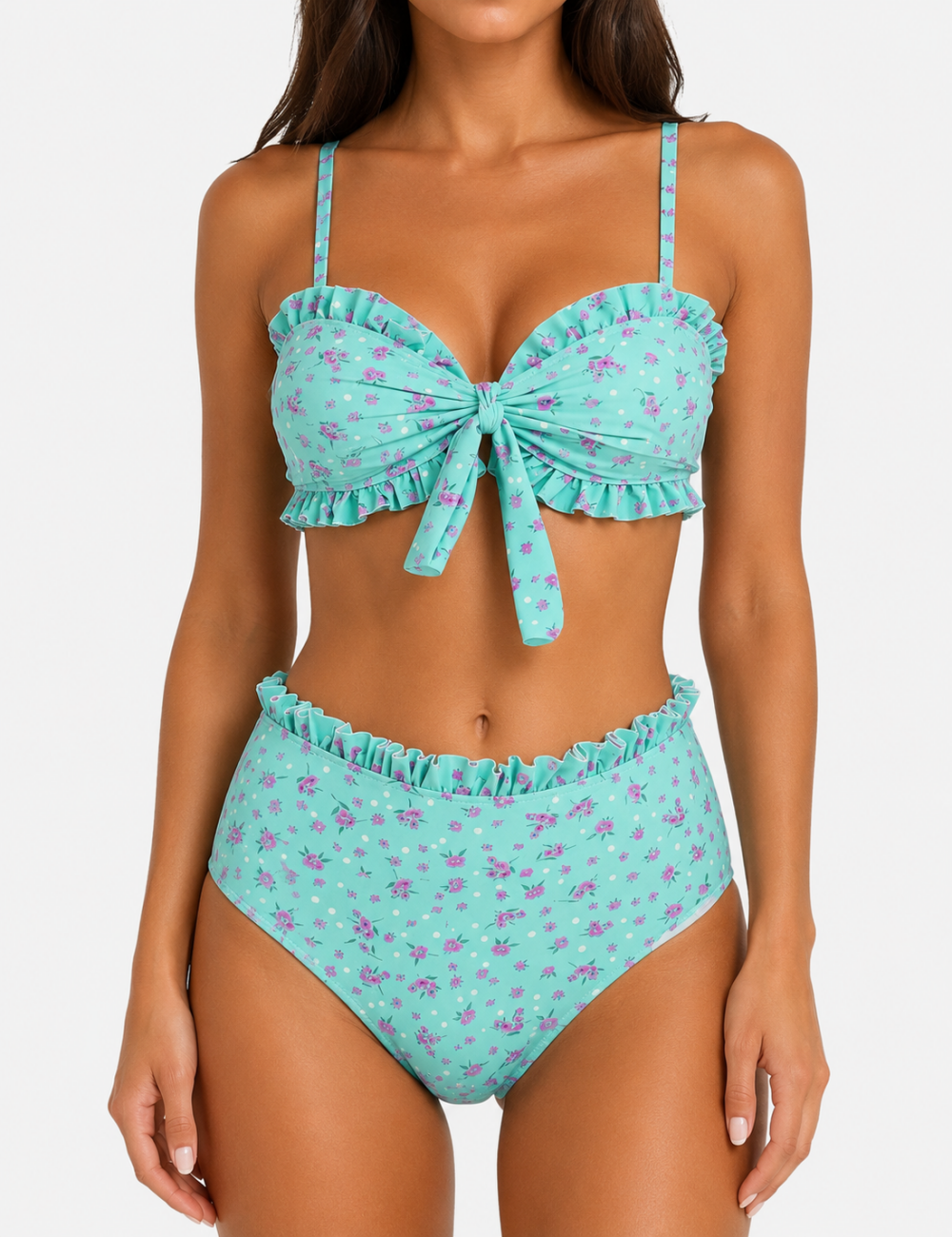Ladies Floral Print Lace Trim Front Bow Design Bikini Set