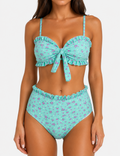 Ladies Floral Print Lace Trim Front Bow Design Bikini Set