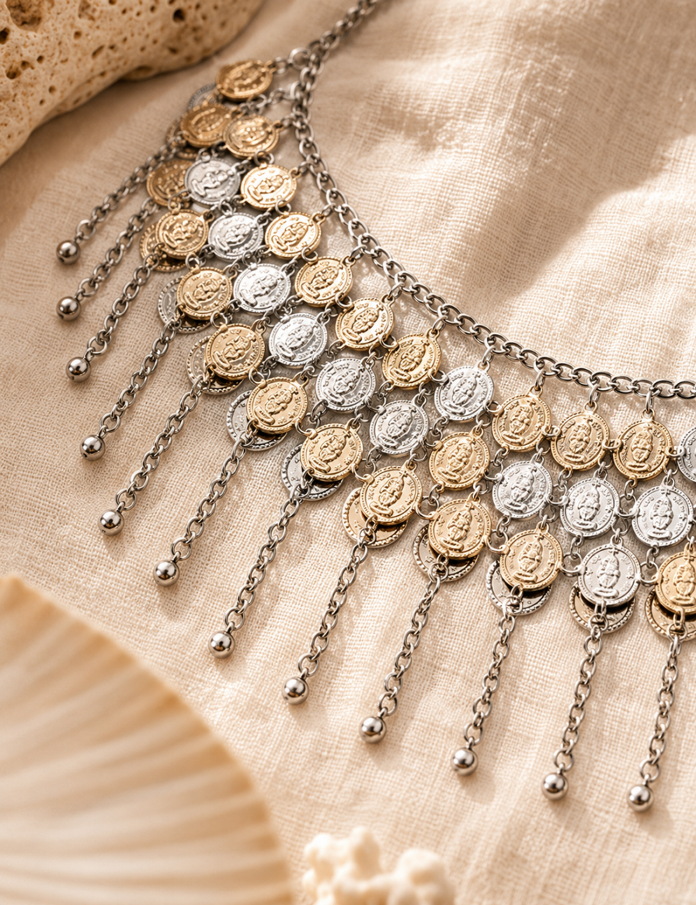 Ladies Coin Chain Waist Belt with Tassel Detail
