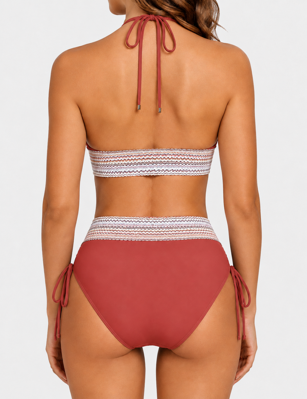 Ladies Deep V-Neck Colorful Zigzag Smocked Trim Bikini Set