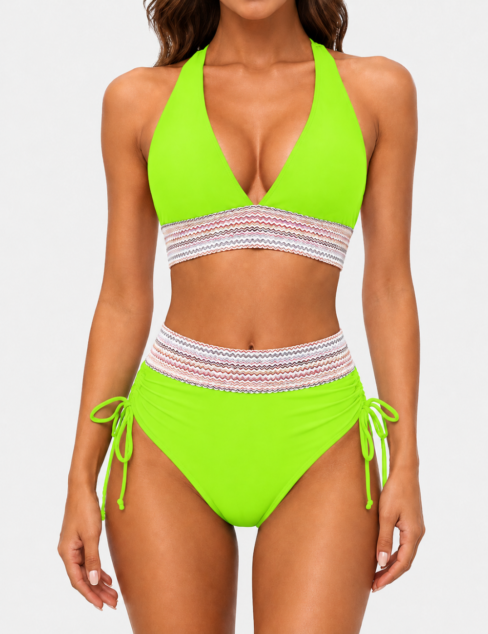 Ladies Deep V-Neck Colorful Zigzag Smocked Trim Bikini Set