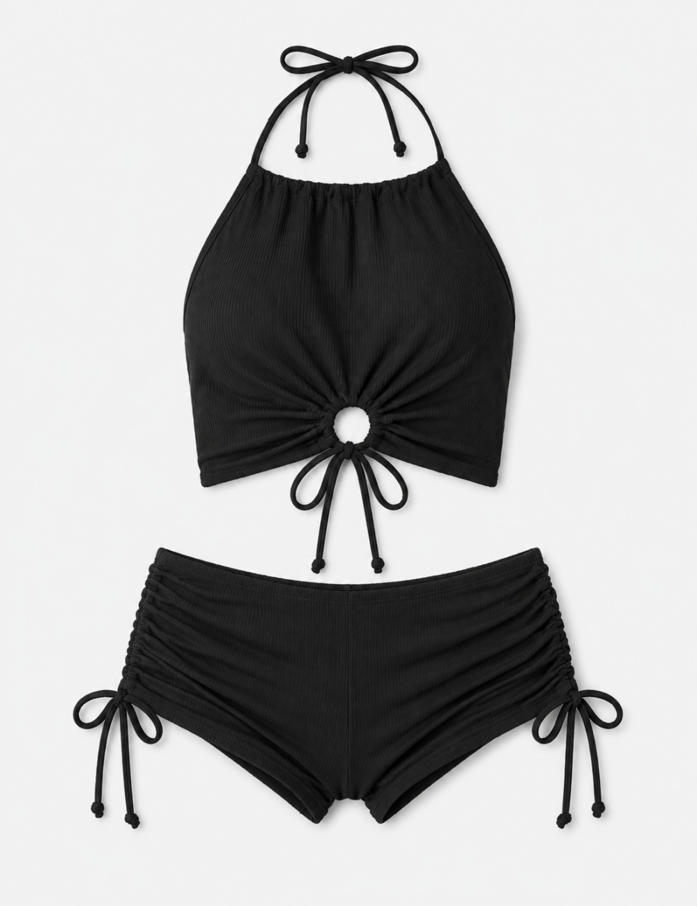 Ladies Openwork Design Drawstring Waist Halter Bikini Set