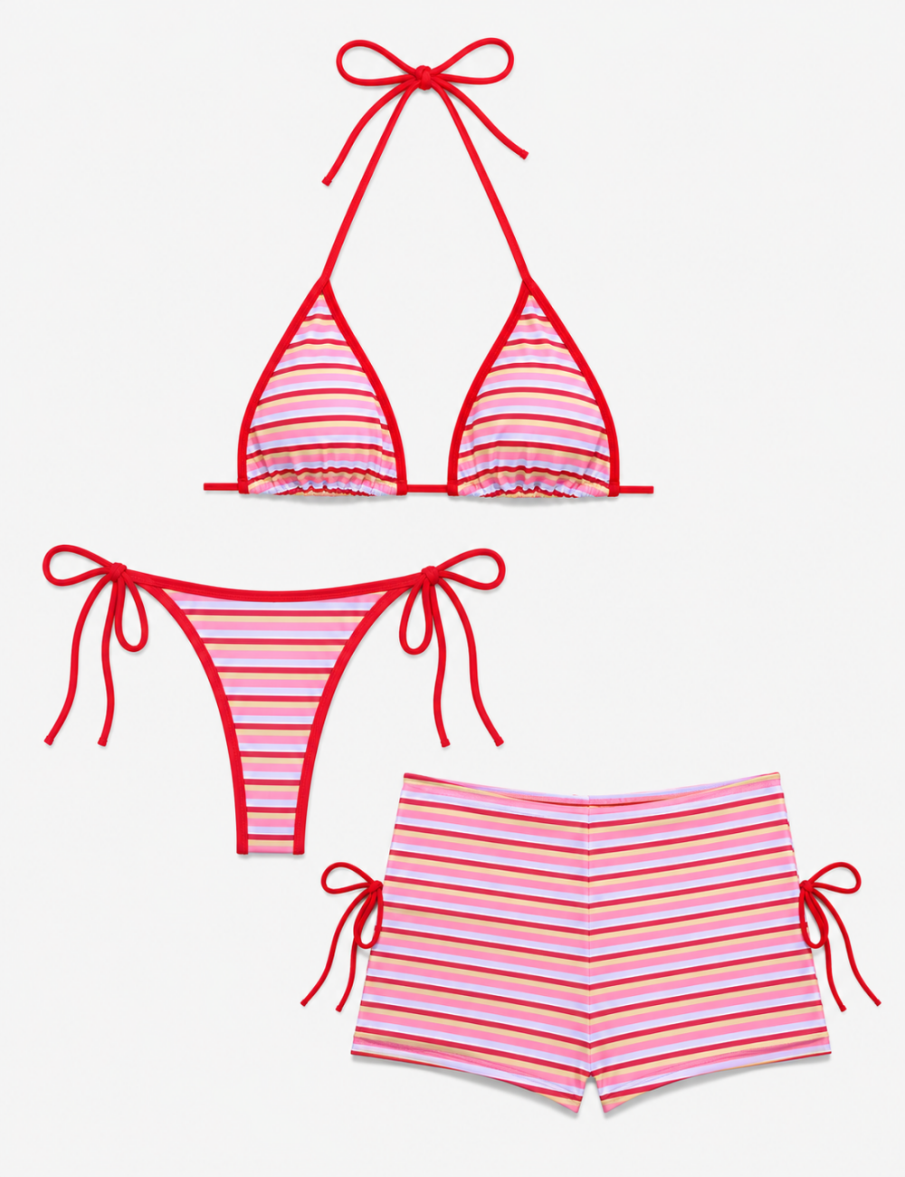 Ladies Striped Halter Triangle Bikini Set with Cover-Up Shorts