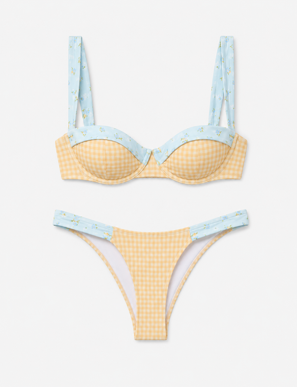 Ladies Plaid and Floral Print Underwire Balconette Bikini Set
