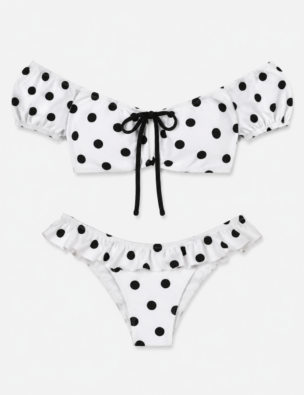 Ladies Polka Dots Print Puffed Short Sleeves Bikini Set