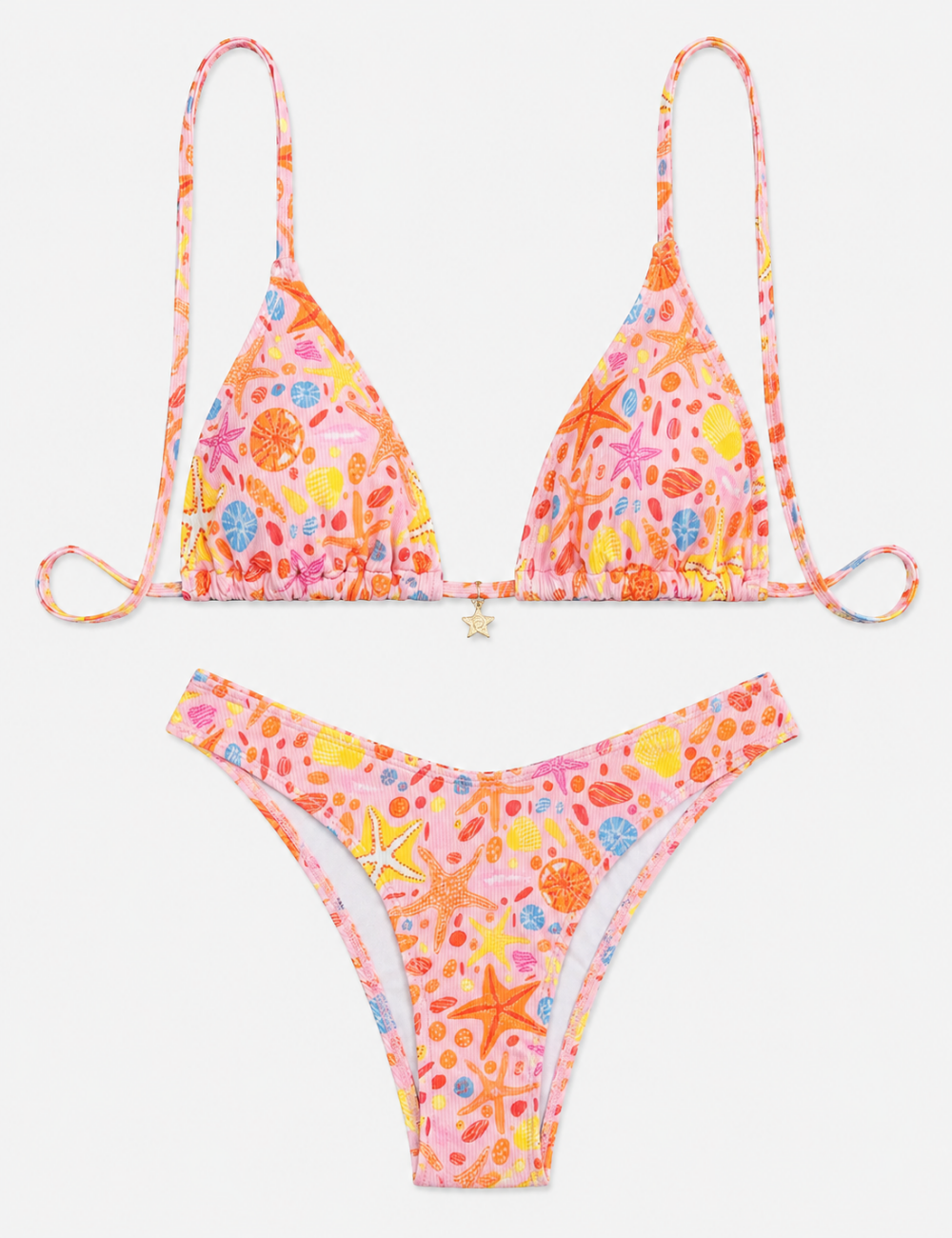 Ladies Multicolor Starfish Print Halter Triangle Bikini Set