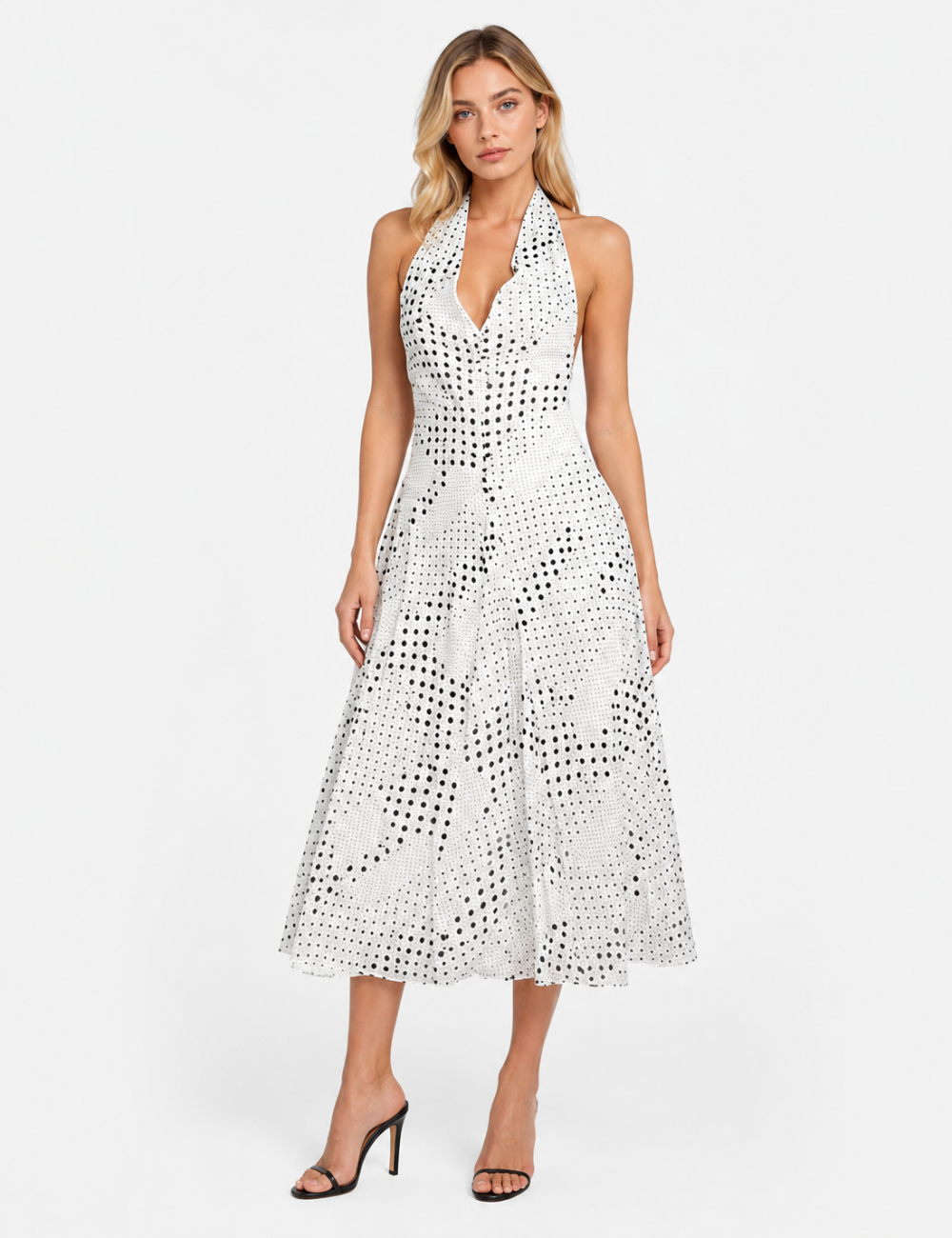 Ladies Chic Polka Dot Halter V-Neck Sleeveless Midi Dress