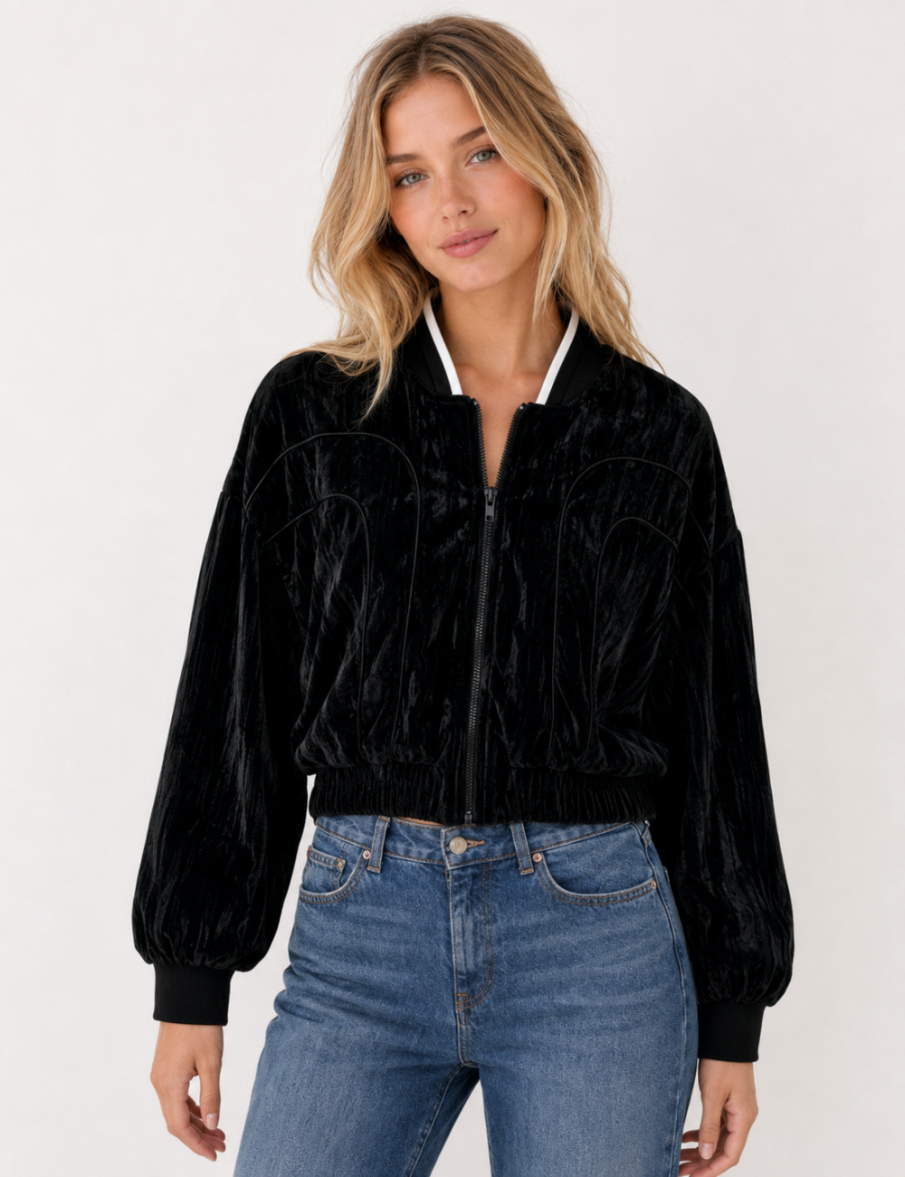 Ladies Black Stand Collar Velvet Jacket