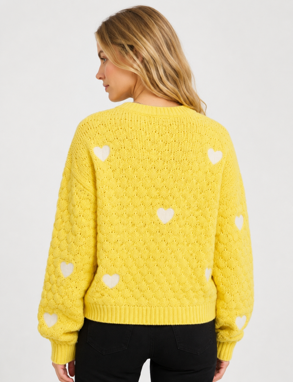Ladies Heart Applique Hollow Out Knit Crew Neck Sweater