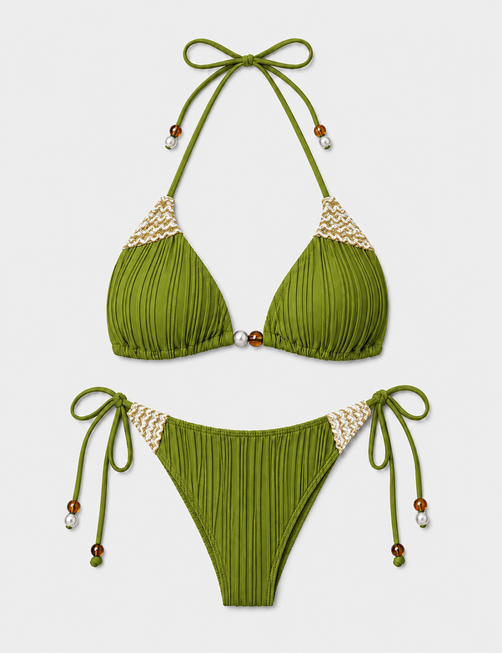 Ladies Ribbed Beaded Halter Triangle 2 Piece Bikini Set