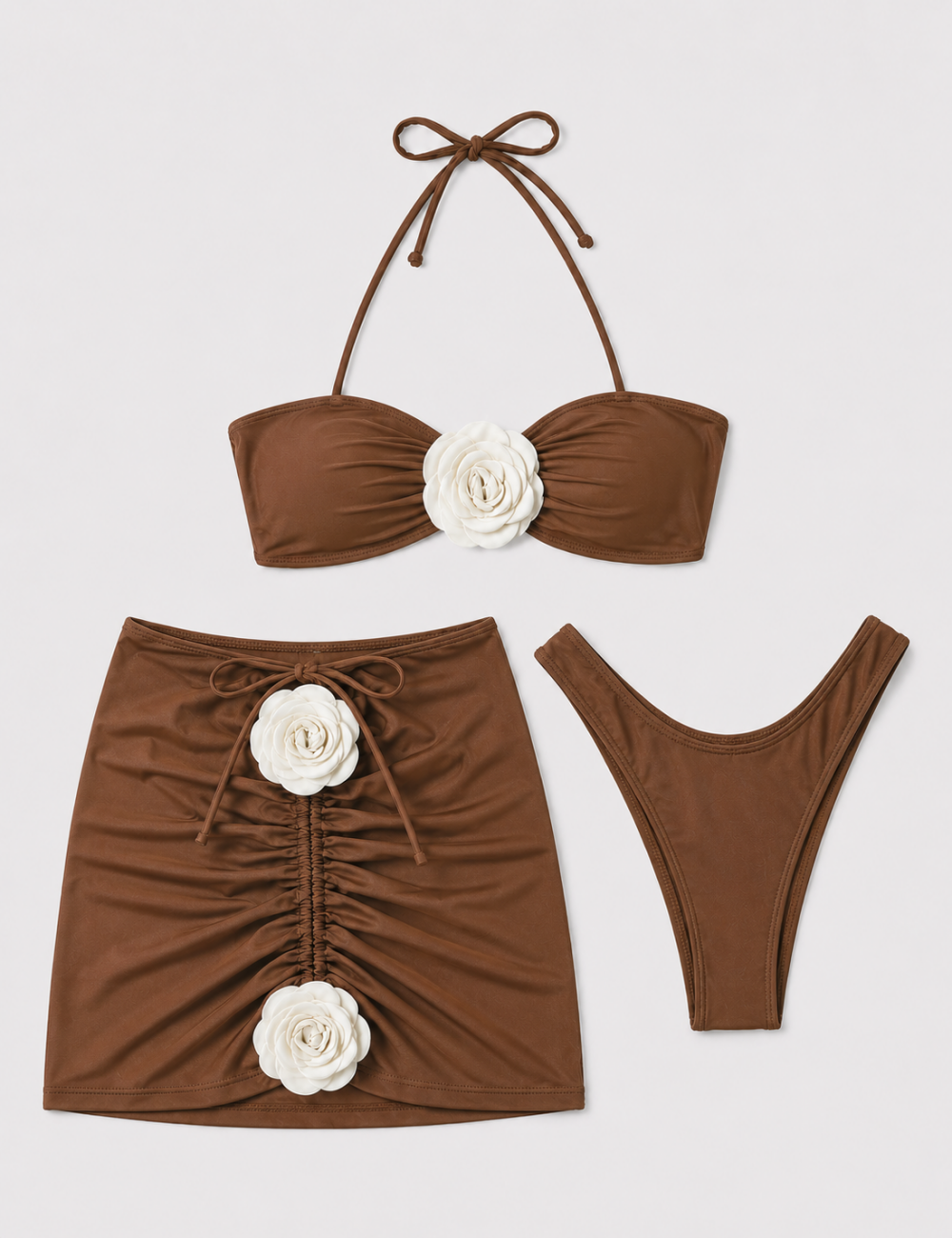 Ladies 3D Flower Design Halter Bikini Set with Mini Skirt